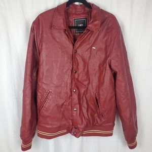 OBEY Red faux leather varsity jacket Size: XL